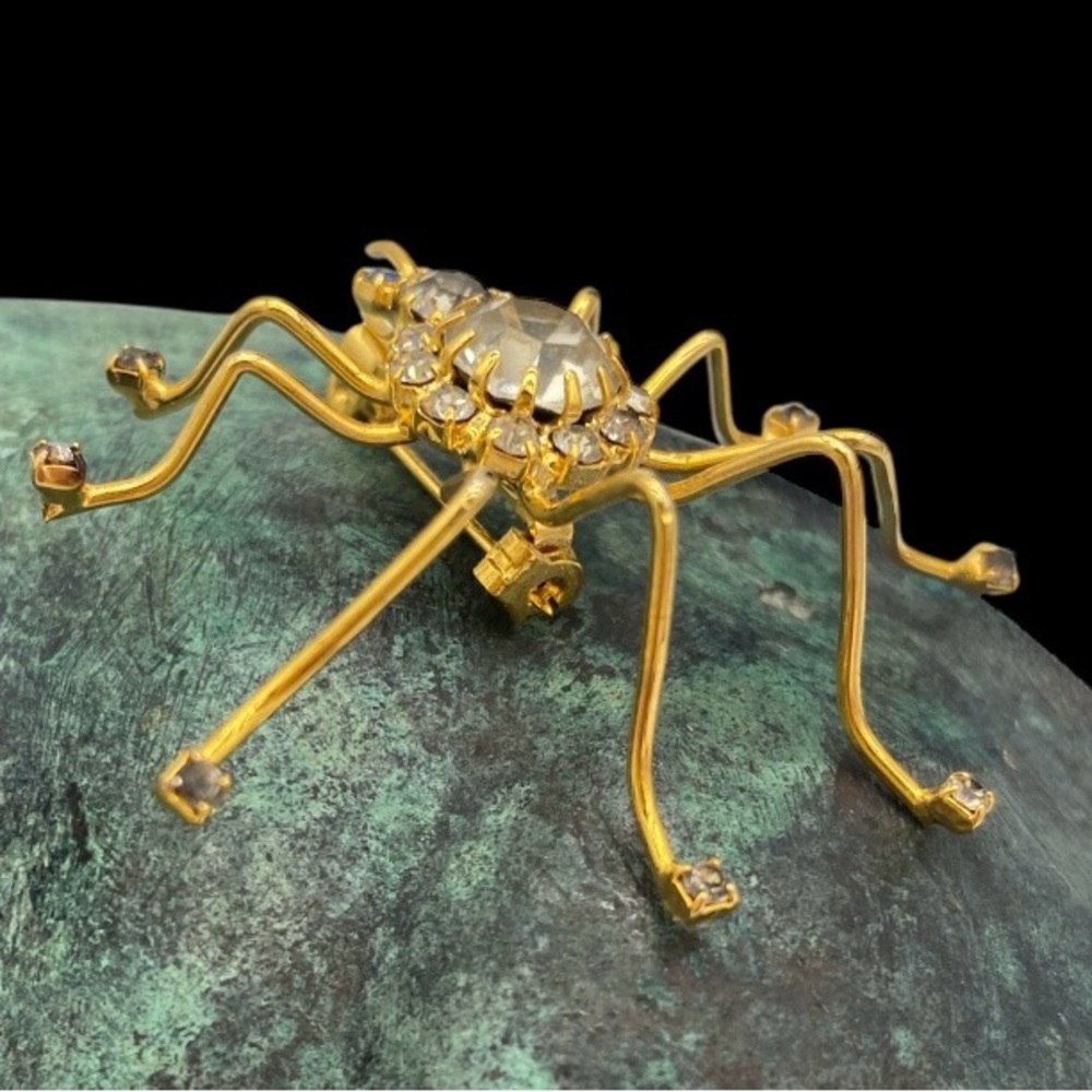 NWT- Vintage Rhinestone Spider Brooch - Gold Tone - Picture 5 of 9